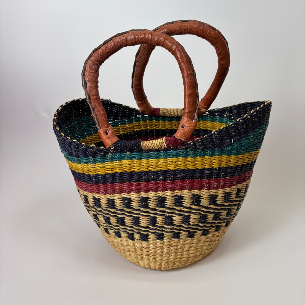 Handwoven Artisan Bolga Bag Small Leather Handle Shopper Tote Green Black Yellow - Picture 6 of 6